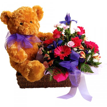 DF 72 - Basket of Flowers and Bear | Daphne Florist